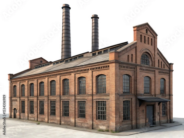 Fototapeta A brick factory building with two smokestacks against a white background in a digital rendering