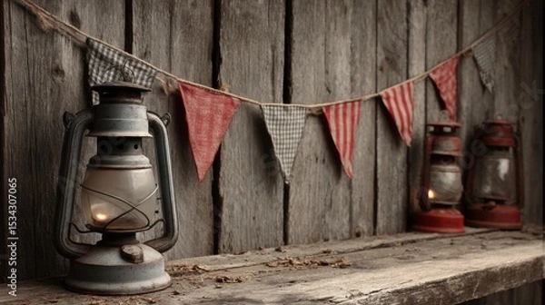 Fototapeta Rustic Lanterns and Bunting on Weathered Wood