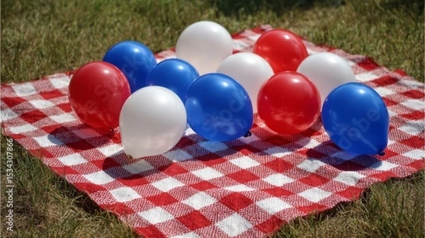Fototapeta Red White And Blue Balloons On Gingham Picnic Blanket