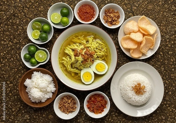 Obraz Overhead View of Indonesian Soto Ayam with Garnishes on a Patterned Tablecloth