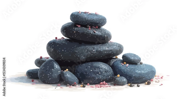Fototapeta A high-resolution close-up image depicts a stack of dark gray or black, smooth, wet-looking spa stones against a pure white background.  A small amount of pink crystals are scattered around the
