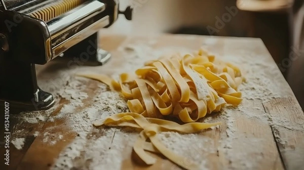 Obraz Fresh Homemade Pasta Noodles with Hand-Cranked Machine on Rustic Wooden Table