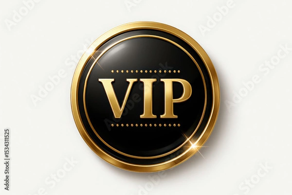 Fototapeta features a luxurious VIP emblem centered against a clean white background. At the heart of the design is a glossy black circular badge with a golden edge, reflecting light with elegant sparkles