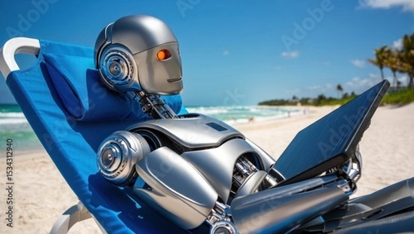 Obraz Relaxing robot on beach lounger with laptop enjoying sunny day at seaside