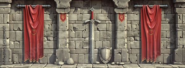 Obraz 3D cartoon fantasy wall, gray stone blocks, red curtains on pillars, sword hilts in shields.