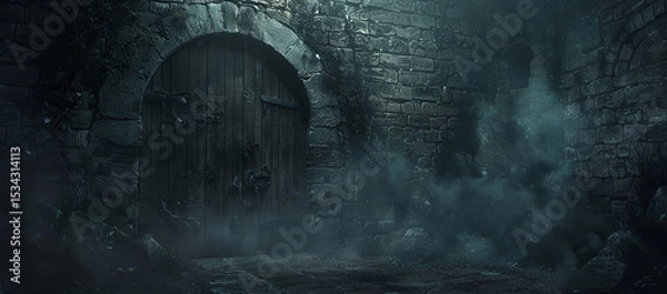 Obraz Medieval dark dungeon with wooden door, stone walls, mist, fantasy art style.