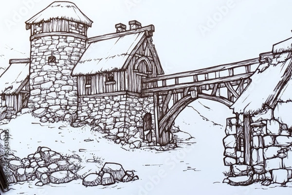 Obraz Stone walls, wooden towers in medieval village, ink sketch, white background, minimal style.