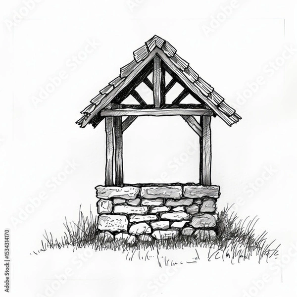 Obraz Old well with wooden roof, stone walls, grassy ground, simple ink sketch, white background.