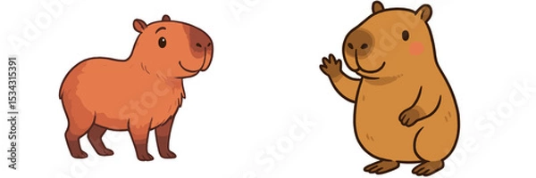 Fototapeta Cute vector flat illustration of two friendly capybaras in a playful pose outdoors during a sunny day