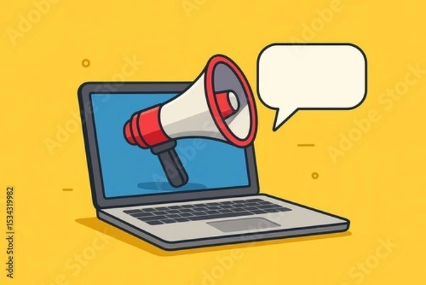 Obraz Digital marketing concept: megaphone emerging from laptop with speech bubble on yellow background