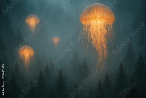 Obraz Ethereal jellyfish illuminating misty forest in dreamlike nocturnal scene