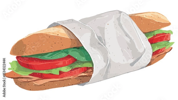 Fototapeta A digital illustration of a sub sandwich wrapped in white paper. The sandwich is composed of a long baguette filled with lettuce, tomato slices, and what appears to be slices of deli meat or