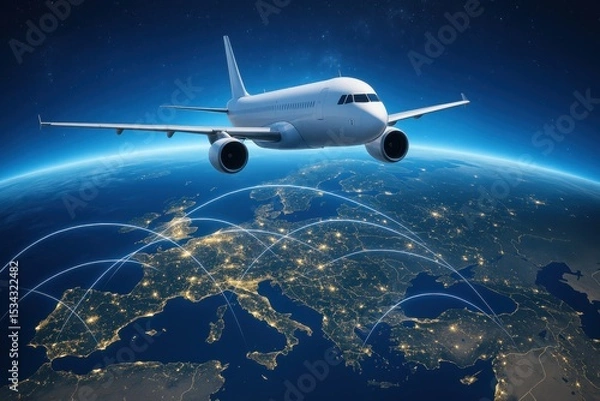 Obraz Commercial airplane soaring above europe with nighttime city lights and global network connectivity