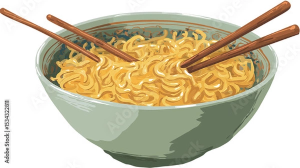 Fototapeta A digital illustration depicts a close-up view of a bowl of yellow noodles. The noodles are piled high in a light green bowl. Three brown chopsticks rest on top of the noodles, partially submerged.