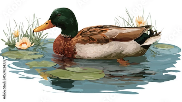 Fototapeta An illustration of a male mallard duck swimming in a pond amongst water lilies. The duck is depicted in profile view, showcasing its characteristic green head, brown and beige body feathers