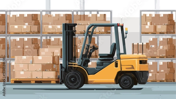 Fototapeta The image shows a yellow forklift positioned in a warehouse setting. The forklift is carrying a pallet of stacked cardboard boxes.  The background shows numerous additional stacked cardboard boxes