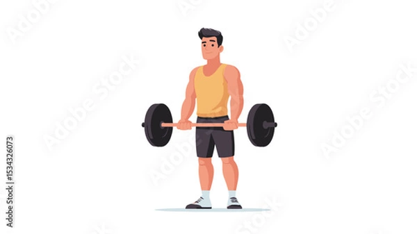 Fototapeta Illustration of a man lifting a barbell. The man is depicted in a cartoonish style with simplified features.  He is wearing a yellow tank top and dark grey shorts. His expression is neutral.