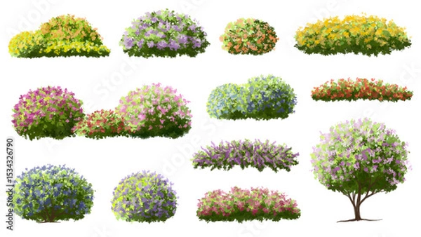 Fototapeta  Vector watercolor blooming flower tree or forest side view isolated on white background for landscape and architecture drawing,elements for environment or and garden,green tree for garden section 