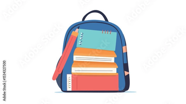 Fototapeta A digital illustration depicting a blue backpack viewed from the front. The backpack is filled with three books of varying colors (orange, coral/red, and light teal) stacked on top of each other.