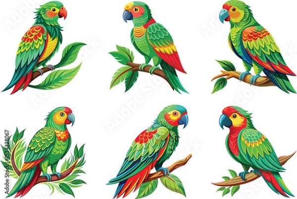 Fototapeta colorful parrots on branches illustration