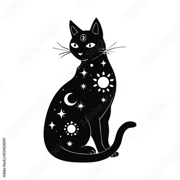 Fototapeta Mystical Celestial Cat in Silhouette Sun  Moon Phases, and Occult Symbols Illuminated by Ethereal Moonlight in Black,