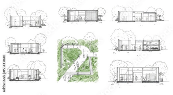 Obraz Architectural Drawings, Minimal style cad tree line drawing, Side view, set of section wetland forest outline for landscape design drawing. Vector illustration in separate element