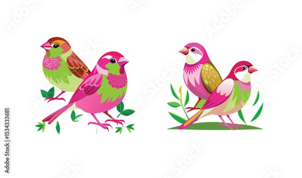 Obraz Photo of vibrant pink and green birds perched on leafy branches, isolated on white background