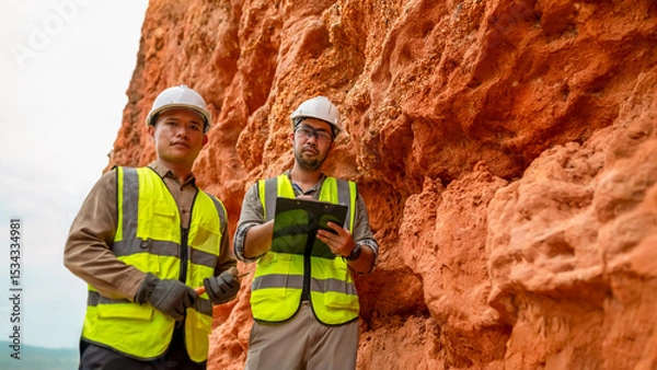 Fototapeta Two geologists examine minerals in the soil