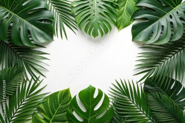Fototapeta Arrangement of tropical monstera and palm leaves creating natural green frame on white background