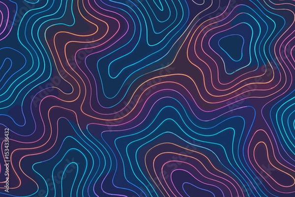 Fototapeta Seamless neon topographic pattern with glowing contour lines on dark background