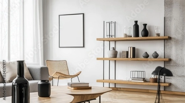Fototapeta Modern living room interior with wooden shelving