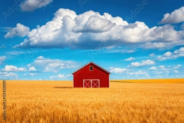 Fototapeta A red barn in golden wheat field under bright blue sky with clouds