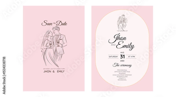 Fototapeta Elegant wedding invitation card background vector. Minimal hand drawn bride and groom in watercolor botanical flowers texture. Design for wedding, vip cover template, rsvp modern card, poster.