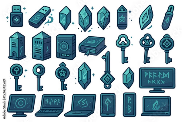 Fototapeta Fantasy tech icon set blending digital devices with magical runes and keys