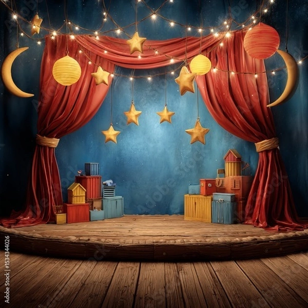 Obraz Colorful children's theater stage with red velvet curtains, wooden floor, playful props, stars and moons hanging from above, bright and cheerful lighting 