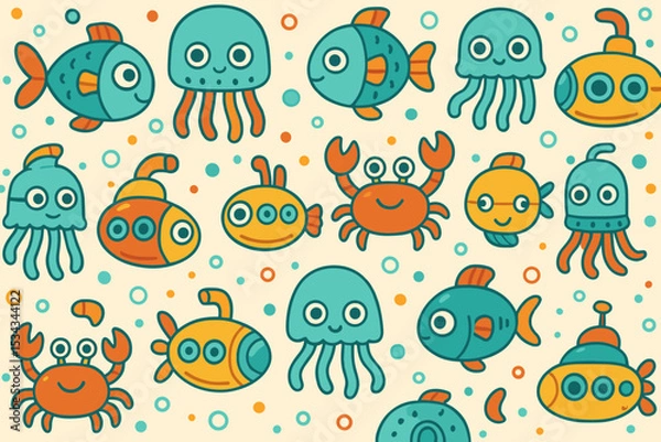 Fototapeta Seamless cartoon ocean pattern with fish, jellyfish, crabs, and submarines