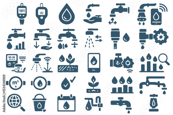 Fototapeta Modern water usage and irrigation icon set with blue highlights