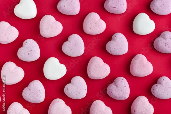 Fototapeta Multicolor heart marshmallows on red background