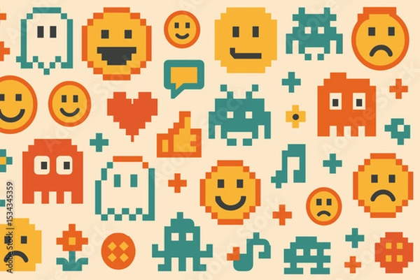 Fototapeta Colorful retro pixel art icons featuring smiley faces, aliens, and video game elements.