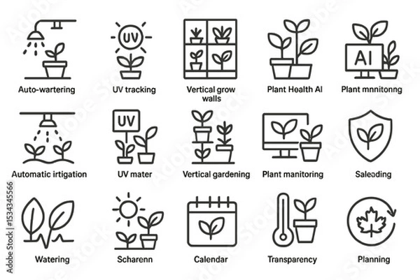 Fototapeta Smart gardening icon set with automation, sensors, and AI features