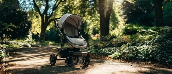 Fototapeta Modern baby stroller on a sunny park path, surrounded by nature, with storage bag underneath