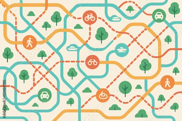 Fototapeta Colorful urban transit map with paths for walking, biking, and EVs