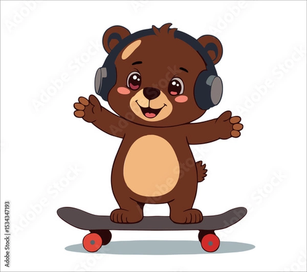 Fototapeta Vector fashion design for children t-shirt. 
Cute teddy pink bear on skateboard
with headphones isolated on transparent background.  Cartoon print for fabric, clothing for boy and girl.