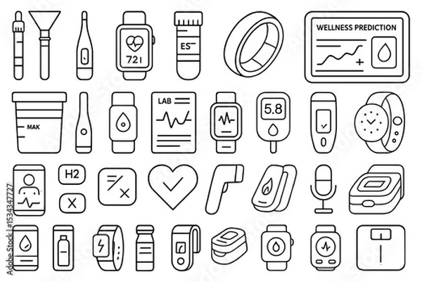 Fototapeta Line icon set of health monitoring devices, wearables, and biometric tools