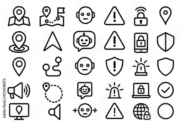 Fototapeta Minimalist security and navigation icon set with alerts and AI symbols