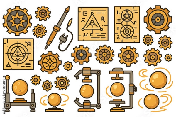 Fototapeta Colorful steampunk icons with gears, tools, and schematic diagrams