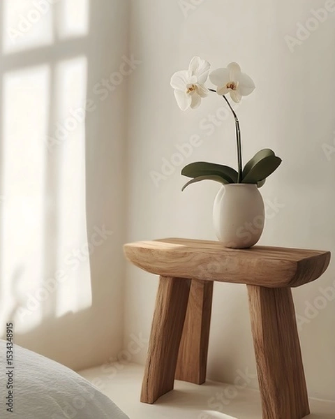 Obraz White Orchid in Ceramic Vase on Wooden Stool in Soft Daylight Minimalist Room