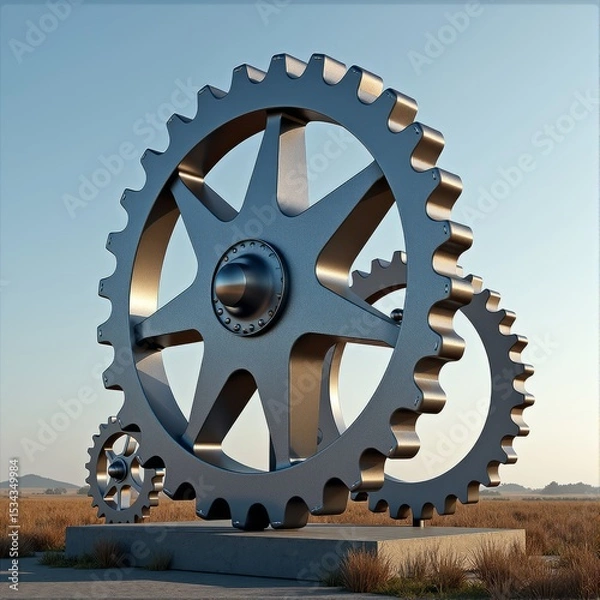 Fototapeta Three-dimensional gears a symbol of intricate mechanisms and industrial progress stand as a silent sentinel in the landscape their metallic sheen hinting at the hidden forces that drive our world