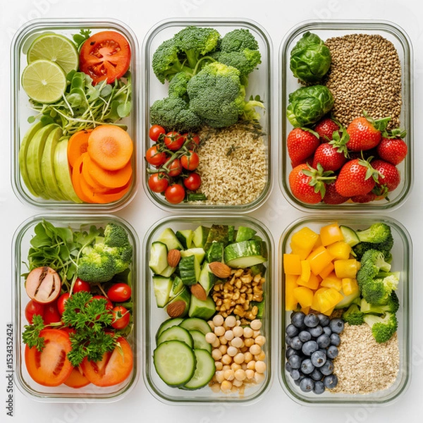 Fototapeta Meal Prep for a Healthy Lifestyle: A variety of healthy meals in glass containers, packed with fresh vegetables, grains, and fruits, ready for a week of nutritious eating.