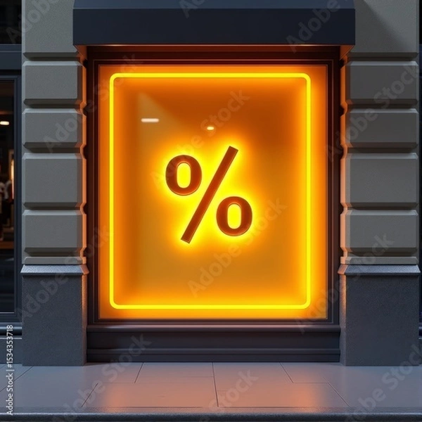 Fototapeta A 3D storefront window illuminated by a soft yellow glow features a prominent percent symbol inviting customers to enter a world of flash sales and online discounts